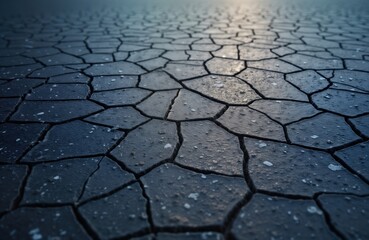 Dry cracked asphalt surface texture. Detailed view of geometric shapes formed by cracks. Dark blue tones. Ideal for backgrounds, designs. Dramatic, abstract aesthetic. Suitable for various concepts.