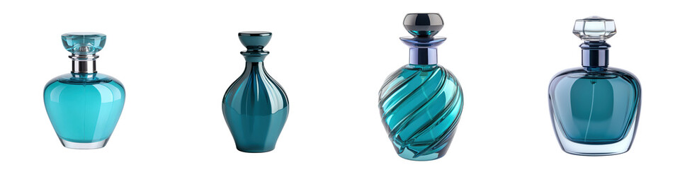 Elegant and sophisticated perfume bottles featuring swirling patterns and vibrant shades of blue turquoise and green against a clean white background