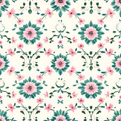 Delicate Geometric Floral Pattern in Harmonious Pink and Teal Tones on Light Background