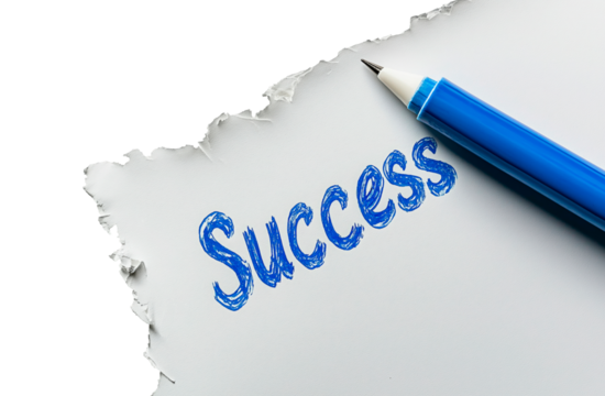 Piece of torn paper with the word Success written in blue, symbolizing motivation and achievement, a blue pen rests nearby against a transparent backdrop, png image - Powered by Adobe