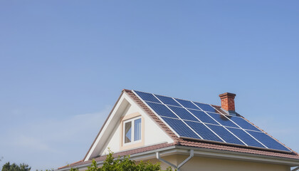 Fototapeta premium : solar energy photovoltaic power roof sun home cell system green house eco industry, isometry, with white tones