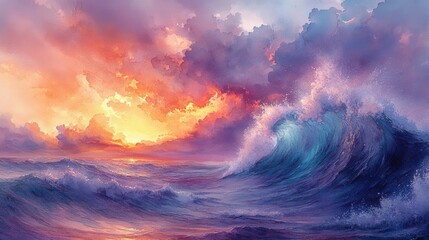Fototapeta premium Ocean waves crashing, sunset sky, vibrant colors.