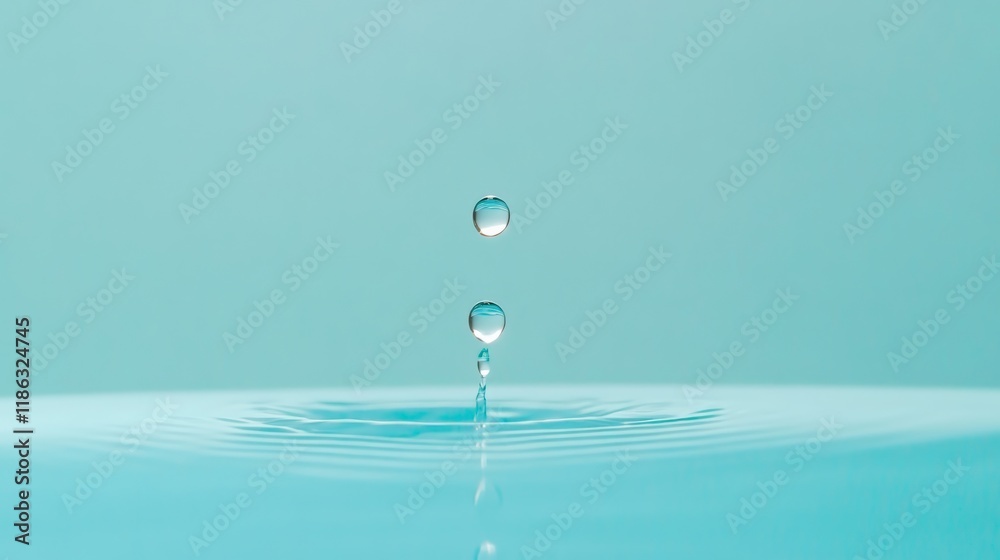 Poster Two water droplets falling and creating ripples on a turquoise water surface, with a matching turquoise background, creating a serene and minimalist composition