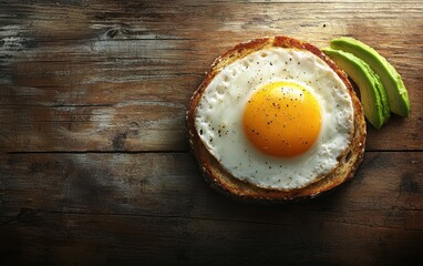 A sunny-side-up egg with toast and avocado slices on a rustic wooden table