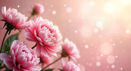 Fototapeta premium Beautiful pink peonies in focus against pastel pink background. Delicate bokeh lights, white glitter create romantic atmosphere. Image ideal for wedding cards, Valentine Day designs, romantic themes.