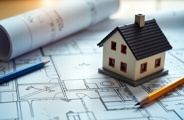 Model house sits on architectural blueprints. Planning renovation of house. Detailed house plans for home improvement. Renovation project visualized. House design concept. Home design process. Real