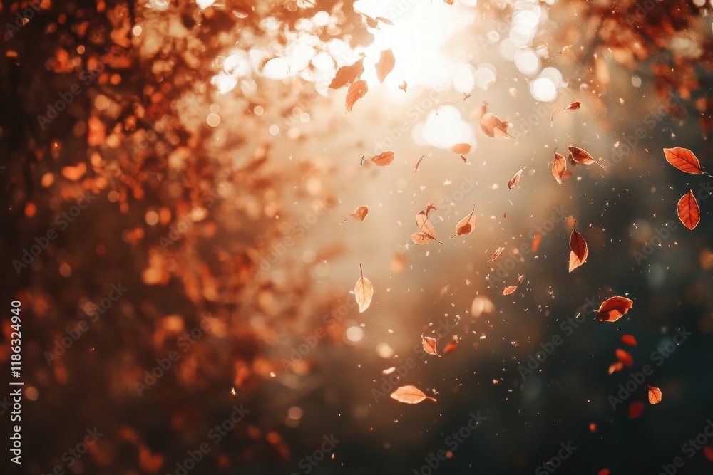 Poster autumn leaves gracefully falling in a vibrant forest filled with warm sunlight and serene atmosphere