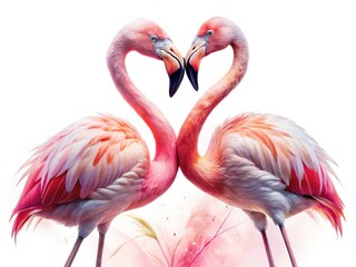 Romantic Pink Flamingo Couple Double Exposure, Isolated White Background - Love Birds Stock Photo