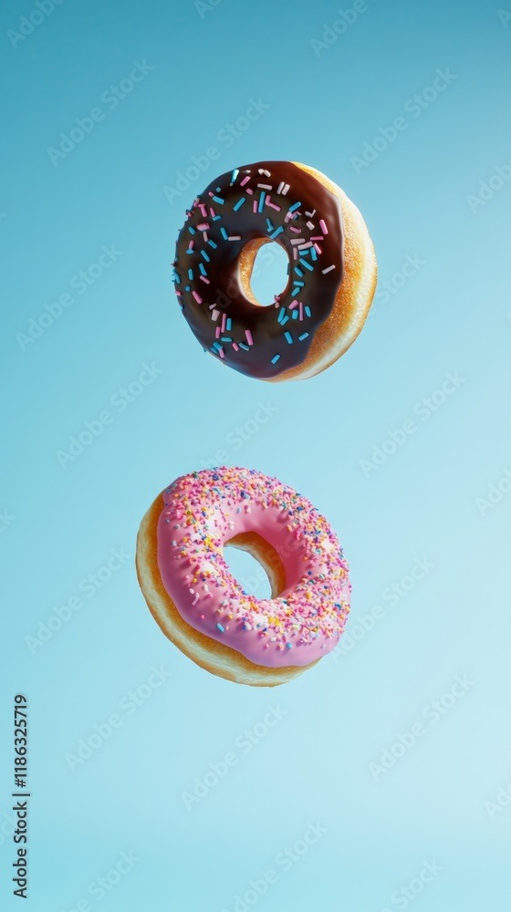 Poster two delicious donuts with colorful sprinkles, one pink and one chocolate, are levitating against a v