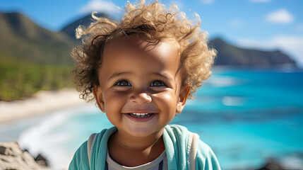 Smiling little dark-skinned curly child against the backdrop of the sea on a sunny day. Cute toddler with brown eyes looking happily into camera. Vacation with children, lifestyle concept