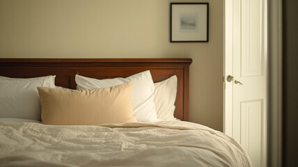 A simple and clean hotel room with white sheets, a wooden headboard on the bed, three pillows stacked against each other, and an empty wall behind them.