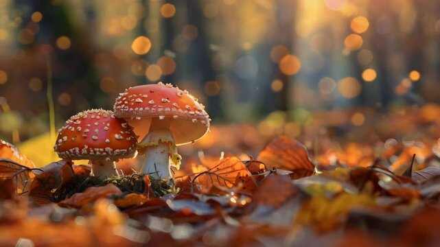 amanita muscaria mushrooms in autumn forest, background with copy space