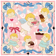 Happy Valentines day, heart ribbon and cupid angel with love day romantic background pattern