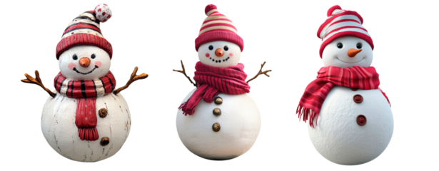 Set of snowman with striped hat and red scarf isolated on transparent background, PNG
