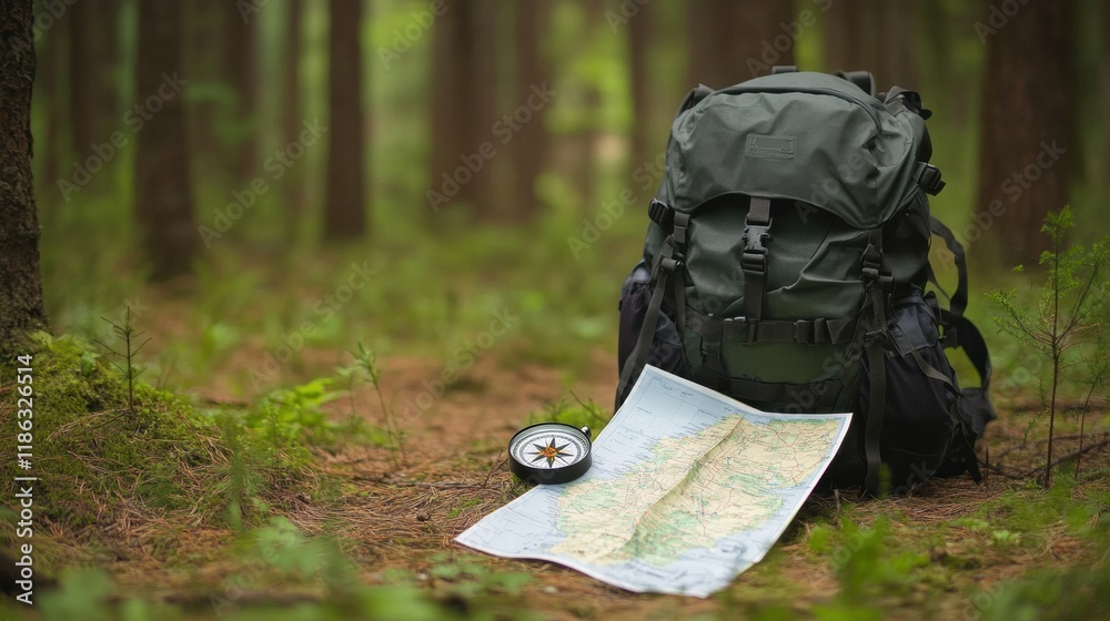 Leinwandbilder exploring nature with a backpack, map, and compass in a lush forest setting during daylight. generat