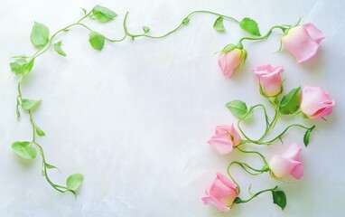 Delicate pink roses bloom on a pristine white canvas, their vibrant petals contrasting beautifully with fresh green leaves, evoking love and romance.