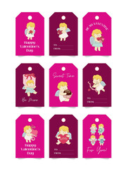 Saint Valentine's Day gift tags, cards, sticker elements set. Collection of cute cartoon illustration of bow, cupid, heart, arrow.