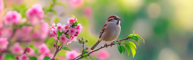 Fototapeta premium A group of small, adorable sparrows perch on a branch and gaze at the pink flowers in spring. The background is blurred, with green trees and vibrant colors in natural light. 
