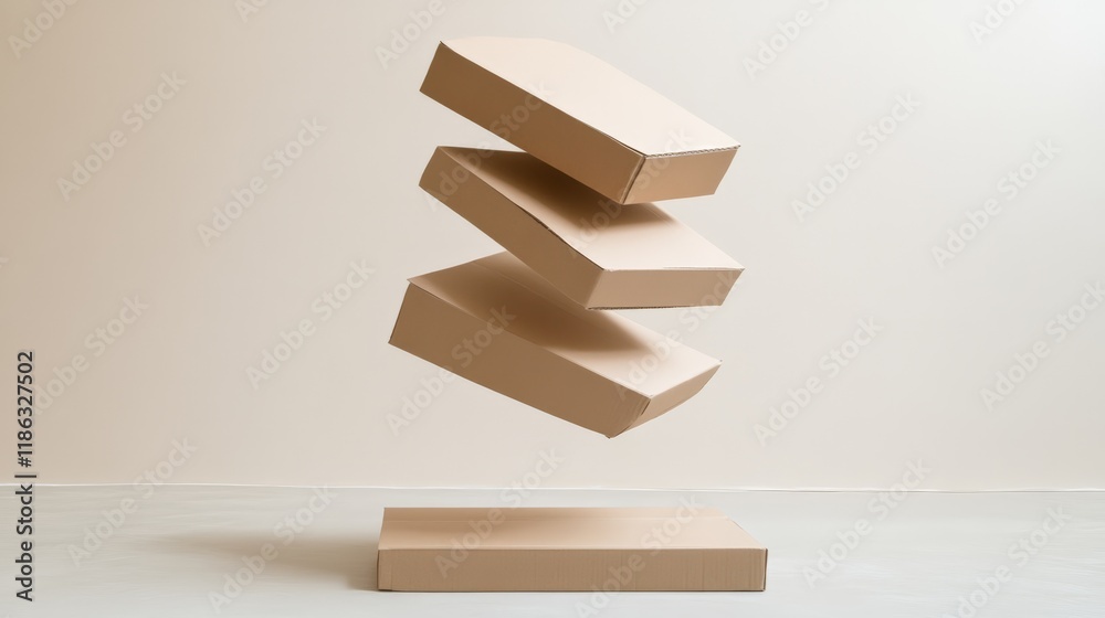 Aufkleber four simple cardboard boxes floating in a minimalist room with a beige wall and light gray floor, cr