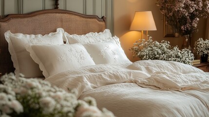 White bedding, ornate headboard, flowers, lamp, bedroom.