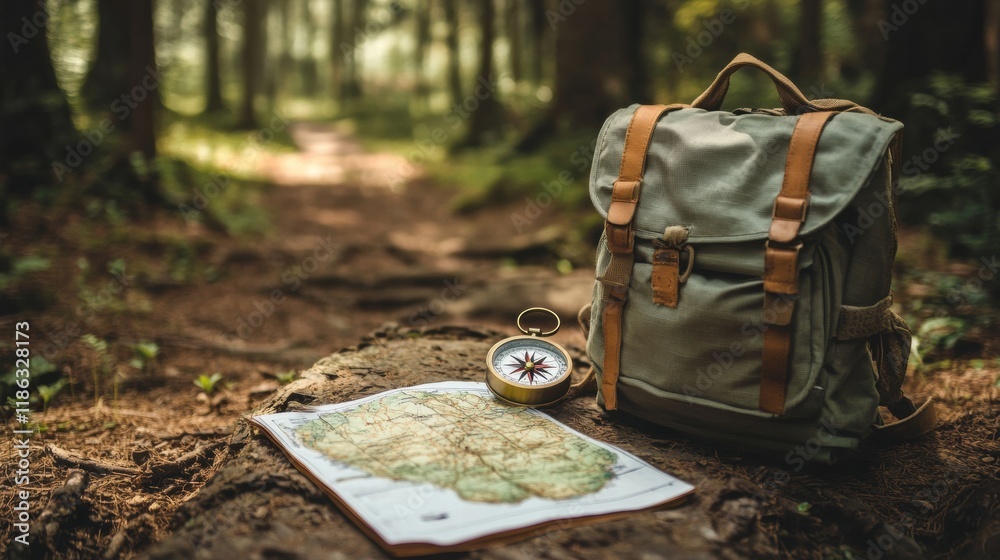 Aufkleber Exploring nature with a backpack, compass, and map on a forest path surrounded by tall trees. Generative AI