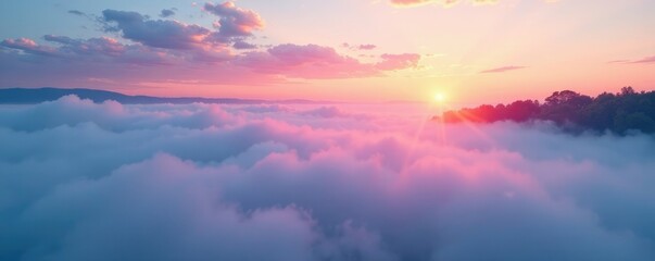 Fototapeta premium Misty morning scene with delicate pink clouds and bright blue hues of dawn breaking over the horizon, sky, , clouds