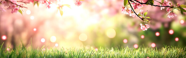 Fototapeta premium Beautiful spring background with grass, cherry blossoms, and bokeh lights. Spring nature scene with copy space on the right side for text or design.