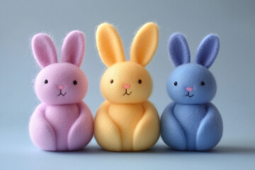 Three pastel Easter bunnies on blue background