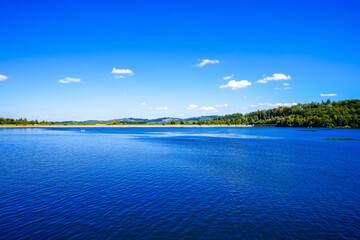 View of Lake Sorpe and the surrounding landscape. Nature at the Sorpe Dam near Arnsberg.
