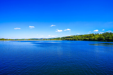 View of Lake Sorpe and the surrounding landscape. Nature at the Sorpe Dam near Arnsberg.
