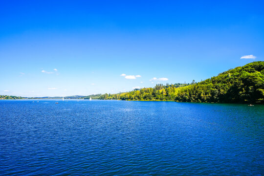 View of Lake Sorpe and the surrounding landscape. Nature at the Sorpe Dam near Arnsberg.
