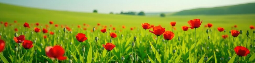 Obraz premium Opium poppy flowers scattered across a vast green field, landscape, nature