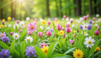 Fototapeta premium Vibrant meadow filled with blooming flowers in various colors under soft sunlight, creating a serene and airy atmosphere