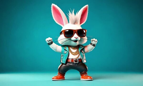 Animated 80s Punk Rock Bunny on a Blue Background with Space for Copy