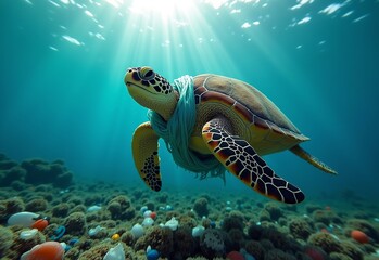 Fototapeta premium 海洋の美しさと汚染の対比を浮き彫りにする海亀、プラスチック袋と網に絡まって泳ぐ