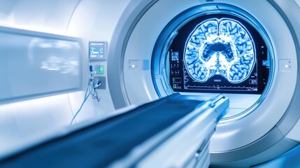 A modern MRI machine showcasing a detailed brain scan on the monitor, emphasizing advanced medical imaging technology.