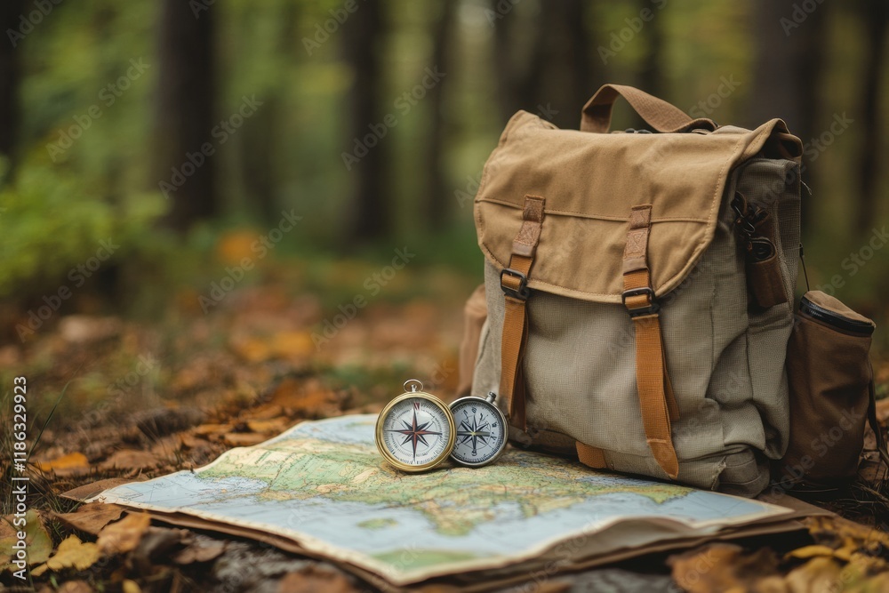 Aufkleber Discover nature with a backpack, compass, and map in a serene forest setting during autumn. Generative AI