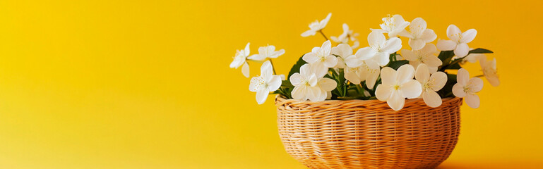Photo of a basket with white flowers on a yellow background, a minimal concept with copy space for text, a banner with a copyspace area. 