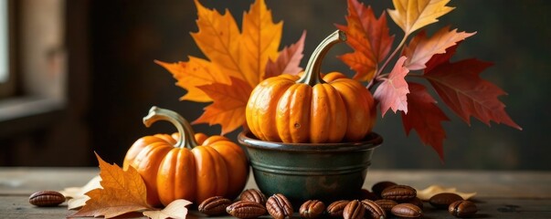 Pecans and pumpkin arrangement with seasonal leaves, autumnal still life, rustic vase, cozy ambiance