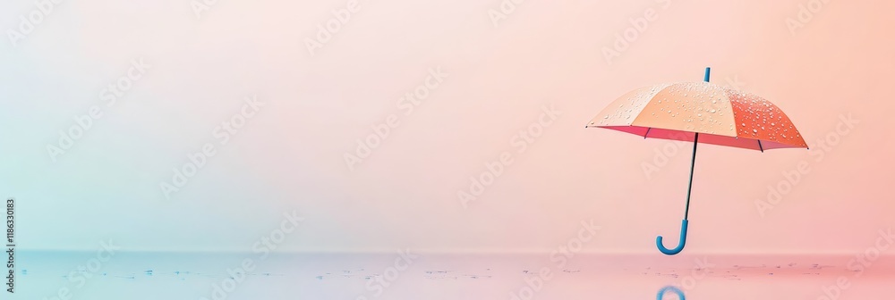 Poster Orange umbrella with raindrops levitating over a wet surface with subtle reflections, set against a soft gradient background, creating a serene and minimalist composition