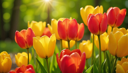Obraz premium Vibrant red and yellow tulips in full bloom illuminated by soft sunlight with blurred green background