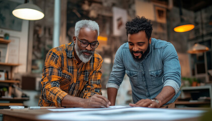 father and son discussing a project in a small buisiness