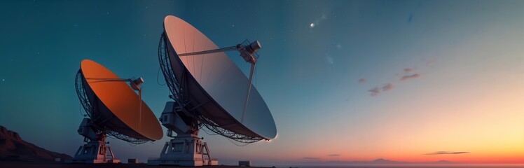 Large satellite dishes stand tall against twilight sky. Dishes capture signals from space. Positioned on flat plain with soft horizon. Sky shows mix of twilight colors. Tech marvel captures cosmos