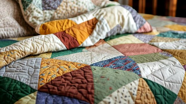 Colorful patchwork quilt covers a cozy bed in a softly lit room with warm wooden accents and decorative pillows