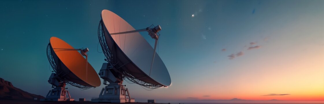 Large satellite dishes stand tall against twilight sky. Dishes capture signals from space. Positioned on flat plain with soft horizon. Sky shows mix of twilight colors. Tech marvel captures cosmos