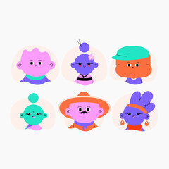 Group of six diverse cartoon characters with various expressions and accessories, ideal for community, diversity, and team themes, flat vector illustration, isolated on white background.