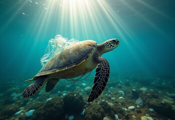 Fototapeta premium Ocean Turtle Entangled in Plastic Bag and Nets, Swimming Through Floating Garbage Amidst Sunlight