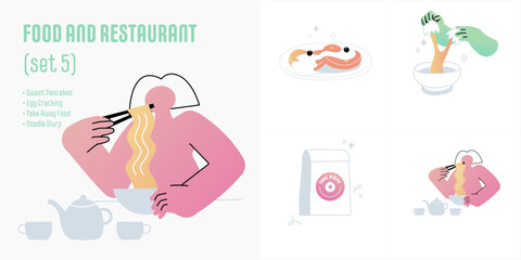 Food and restaurant illustrations set symbolizing sweet pancakes, egg cracking, take away food, noodle slurp, flat vector illustration isolated on white