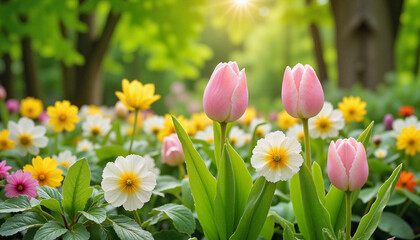 Fototapeta premium Blooming tulips and petunias in a vibrant garden illuminated by soft sunlight, showcasing natural beauty in spring