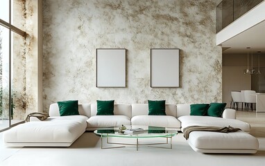 Modern sectional sofa in loft living room, large window, textured wall, design mockup